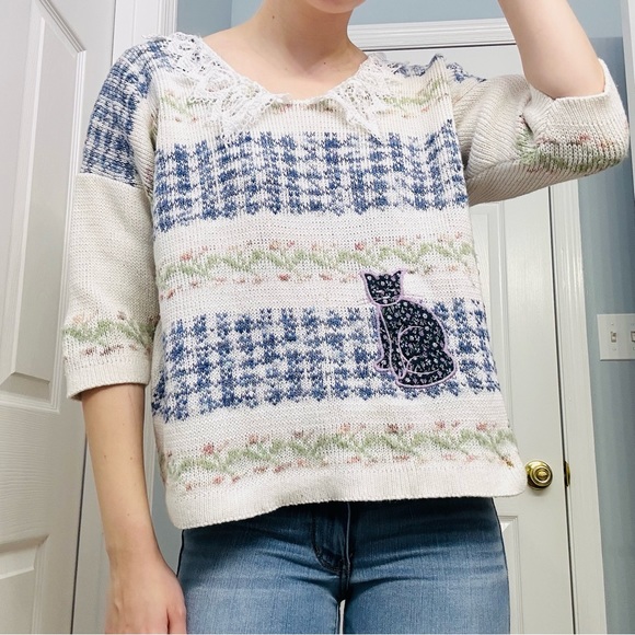 Vintage Sweaters - Vintage Sweater Loft Grannycore Knit Cat Embroidered Twee Pastel Coquette Large